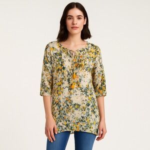 Tolani Silk Tunic Blouse Womens Size Small Floral Tassel Neck 00%Silk Boho Top